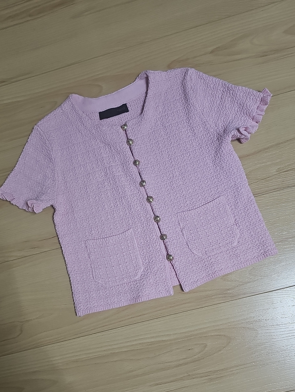 Zara Pink Textured Short-Sleeve Crop Cardigan